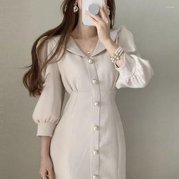 Casual Dresses Korean Spring Autumn 2032 Temperament Polo Single Breasted Waist Wrapped Bubble Sleeve Hip Fishtail Women'S Dress