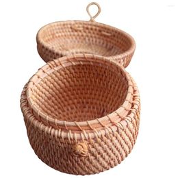 Dinnerware Sets Round Storage Box Woven Basket Lid Plastic Bread Holder Wicker Household Egg Fruit Rattan Weaving