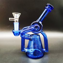 6 Inch Glass Water Pipe Bong Heady Bong Blue Incycler Twin Tubes Heady Pipe Smoking Dabber Rig Recycler 14.4mm Female Joint with Regular Bowl