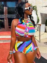 Women's Tracksuits Summer Clothe Shorts Beachwear Colourful 2 Two Pieces Sets Women Outfit 2023 Sleeveless Crop Top Stripe Suits