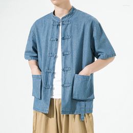 Men's Casual Shirts 2023 Summer Thin Plus Size Short Sleeve Men Tang Suit Hanfu Chinese Style Shirt Male Washed Vintage Frog Button Blue