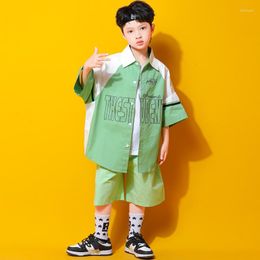 Stage Wear 2023 Kids Hip Hop Dance Costumes Green Shirts Loose Shorts Suit Boys Streetwear Ballroom Rave Clothes DQS13046