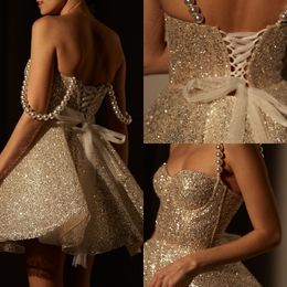 Sparkle Short Mini Prom Homecoming Dress 2024 Sleeveless Pearls Spaghetti Strap Sequined Evening Birthday Party Gowns Robe De Soiree