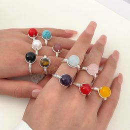 Boho Natural Stone Open Rings For Wedding Colourful Amethyst Opal Twist Metal Finger Ring Women Adjustable Jewellery Gift