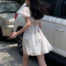 Dress Dresses Women Puff Sleeve Holiday Sundress Hollow Out Floral Design Korean Style College Lovely Simple Trendy Summer Vestidoes