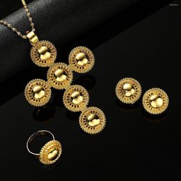 Necklace Earrings Set 3pcs Bridal Ethiopian Ethnic Habesha Africa Bride Gold Plated Cross Necklaces Ring For Women