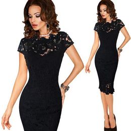 Dress Crochet Oneck Work Office Womens Stylish Elegant Applique Embroidery Bodycon Female Sheath Party Dress