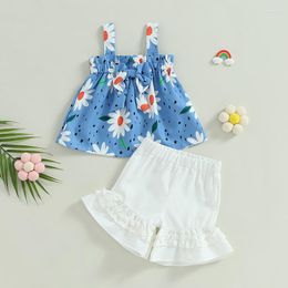 Clothing Sets Fashion Infant Baby Girls Outerwear Summer Sleeveless Floral Sling Vest Ruffles Tank Top White Shorts Pants 2Pcs