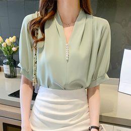 Women's Blouses Shirts Fashion Beading Puff Short Sleeve V-Neck Chiffon Shirt Women's Clothing Spring Office Lady Loose Casual Pullover Blouse 230603