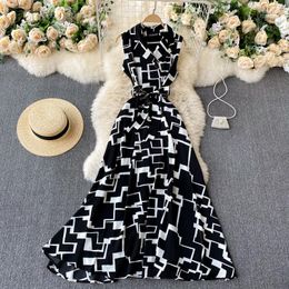 Casual Dresses 2023 Fashion Summer Geometric Printing High-end Dress V-neck Sleeveless Lace Up Waist Shows Thin Light Mature Style Skirt