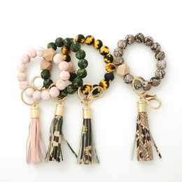 14 Colors Sunflower Silicone Beads Bangle Bracelet Keychains Elastic Leather Tassel Leopard Bracelet Wristlet Keyring