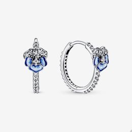 Blue Pansy Flower Hoop Earrings for Pandora Authentic Sterling Silver Wedding Earring Set designer Jewellery For Women Crystal Diamond earring with Original Box