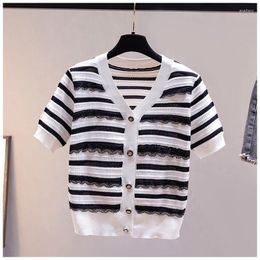 Women's Knits Women Sweater Short Sleeve V Neck Summer Spring Knit Cardigan Lace Korean Fashion In Striped Ladies Clothes