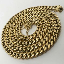 12mm Men's Miami Cuban Link Chain 14K Gold Plated Stainless Steel Necklace