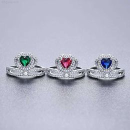 Band Princess Crown Rings Micro Pave Aaa Cubic Zirconia Prong Set Coloured Hearted Stone for Women Wedding Engagement Party Adjustable Ring Jewellery