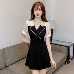 Work Dresses 2023 Summer Women Notched Collar Slim Patchwork Dress Black Shorts OL Wear Style Set Two Piece Suits