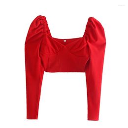 Women's Blouses MESTTRAF French Design Sexy Red Fitted Crop Shirts Backless Retro Sweetheart Neck Puff Sleeve Female Bustier Tops