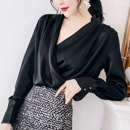 Women's Blouses Black Elegant Deep V-neck Long Sleeve Women Shirts Fashion Office Ladies Tops Casual Solid Color Sexy Attractive B31