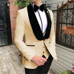 Men's Suits Custome Homme Black Shawl Lapel Champagne Men Wedding Tuxedo Terno Masculino Prom Groom 2 Pcs Slim Fit Blazer Jacket Pant