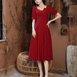 Casual Dresses Women Evening Short Sleeve Elegant Square Collar Red Sequins Simple Prom Party Dress Long A-line Formal Vestidos