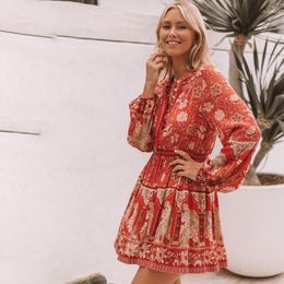 Casual Dresses 2023Spring Boho Red Printing Dress Lantern Sleeve Chic Holiday Mini Vintage Rayon Vestido De Mujer A-line Retro Robes