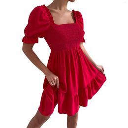 Casual Dresses Women Solid Color Elegant Dress Puff Sleeve Short Sleeves Mini High Waist Elastic Tight Style Layer Ruffle