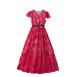 Summer Hot Pink Floral Lace Panelled Dress Short Sleeve Round Neck Belted Midi Casual Dresses A3A101512