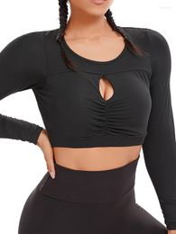Women's T Shirts Long Sleeve Sport Tops Fitness Women Hollow Out Sexy Gym Wear Push Up Running Skinny T-Shirts Female Clothes With Pads