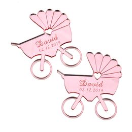 Other Event Party Supplies 30PCS Personalized Engraved Mirror Wood Baby Carriage Name Card Table Birth Born Stcikers Shower Gift Decor Tags Favors 230603