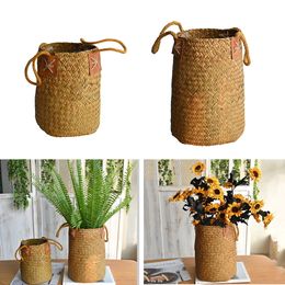 Storage Baskets Seagrass Woven Basket Straw Flower Plant Pot Vase Organizer with Handles for Laundry Picnic Grocery 230603