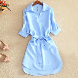 Basic Casual Dresses Casual Tunic Shirt Dress Woman Solid Dress Summer Office Lady Chiffon Blouse Dress Short Sleeve Sashes Dress Fashion Vestidos 230603