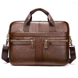 Briefcases Men's Briefcase Real Cow Leather Business Bag 14 Inch Computer Bags Male Handbag Shoulder