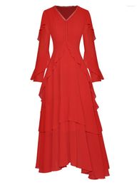 Casual Dresses Sweetsince Red Dress Spring Women 2023 Designer Fashion V-Neck Ruffles High Waist Big Swing Elegant Long Banquet Party