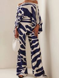 Women's Two Piece Pants Print Satin Off Shoulder Women 2 Piece Sets Casual Loose Puff Sleeve Top Long Trouser Suit Female Spring Commuting Ladies Outfit 230603