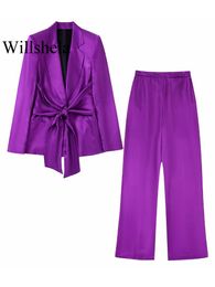 Women's Two Piece Pants Willshela Women Fashion 2 Piece Suit Silk Bowed Blazer Vintage High Elastic Waist Trousers Female Office Lady Blazer Pants Set 230603