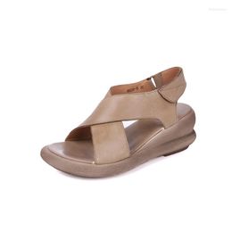 Women Sandals Summer Fashion Classics Ethnic Retro Genuine Leather Slip on Flat with Round Toe Casual Shoes Brown