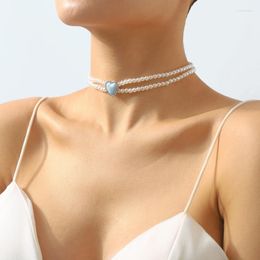 Pendant Necklaces Double Layer Pearl Heart Choker Necklace Women Elegant Party Woman European Fashion Retro Jewellery Lady Cute Accesorios