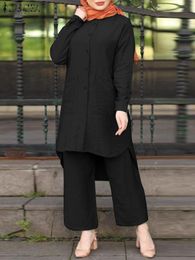 Dress Muslim Vintage Long Sleeve Blouse 2pcs Suits 2023 Zanzea Muslim Sets Elegant Women Dubai Turkey Abaya Pant Sets Hijab Tracksuit