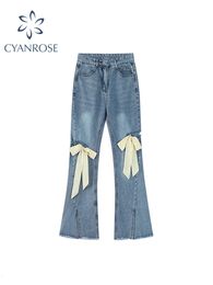 Women's Jeans Flare Jeans Pants Women Vintage Bow Ripped Hollow Out Ladies High Waist Harajuku Fashion Stretch Pocket Wide Leg Denim Trousers 230603