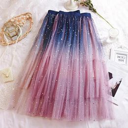 Skirts 2022 Summer Tulle Skirt Star Sequin Skirt High Waist Long Skirt Pink White Evening Party Sexy Skirt Women Falda Sparkling Skirt