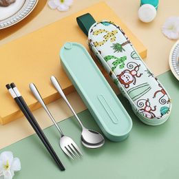 Dinnerware Sets Creative Stainless Steel Cutlery Set With Cartoon Bag Portable Camping Tableware Black Noodles Chopsticks Round Head Spoon