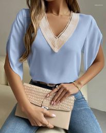 Women's Blouses Y2K 2023 Summer Women's Top Casual Fashion V-Neck Lace Patch Batching Sleeves Block Office Commuting Elegant OTTD