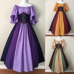 Party Dresses Womens Medieval Vintage Flying Sleeve Patchwork Evening Dress One-line Neck Lace-up Waist Large Swing