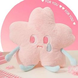 Plush Pillows Cushions Soft Stuffed Sakura Flower Shape Pillow Funny Crying Face Pink Cherry Blossom Hug Chair Cushion Sofa Decor Girl Office 230603