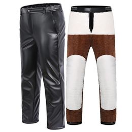 Pants TSINGYI Winter Black Faux Leather Pants Men Straight High Elastic Waist Windproof Thicken Fleece Basic Trousers Male Clothing