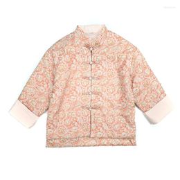 Ethnic Clothing Hanfu Warm Winter Girl China Style Button Cotton Padded Coat Children Pink Flower Totem Top Kids Chinese Traditional Costume