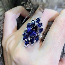 Cluster Rings Unique Design Elegant Blue Gemstone For Female Luxury 925 Silver Retro Cocktail Party Ring Jewelry