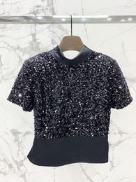 Women's T Shirts 2023 Women Fashion Short Sleeve Casual Three-dimensional Sequins Stitching Real Acetate Silk Satin Butterfly Top 0301