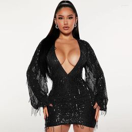 Casual Dresses Sexy Luxury Sequins Tassel Birthday Dress For Women Night Club Party Elegant Deep V-neck Long Sleeve Mini Vestidos