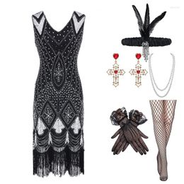 Stage Wear Women's Vintage Patchwork Dress Amazing Gatsby Themed Party Evening Sequins V-neck Beaded Tassel Accessory Set